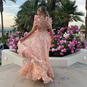 MAC DUGGAL RUFFLE TIERED FLORAL CUT-OUT CHIFFON GOWN